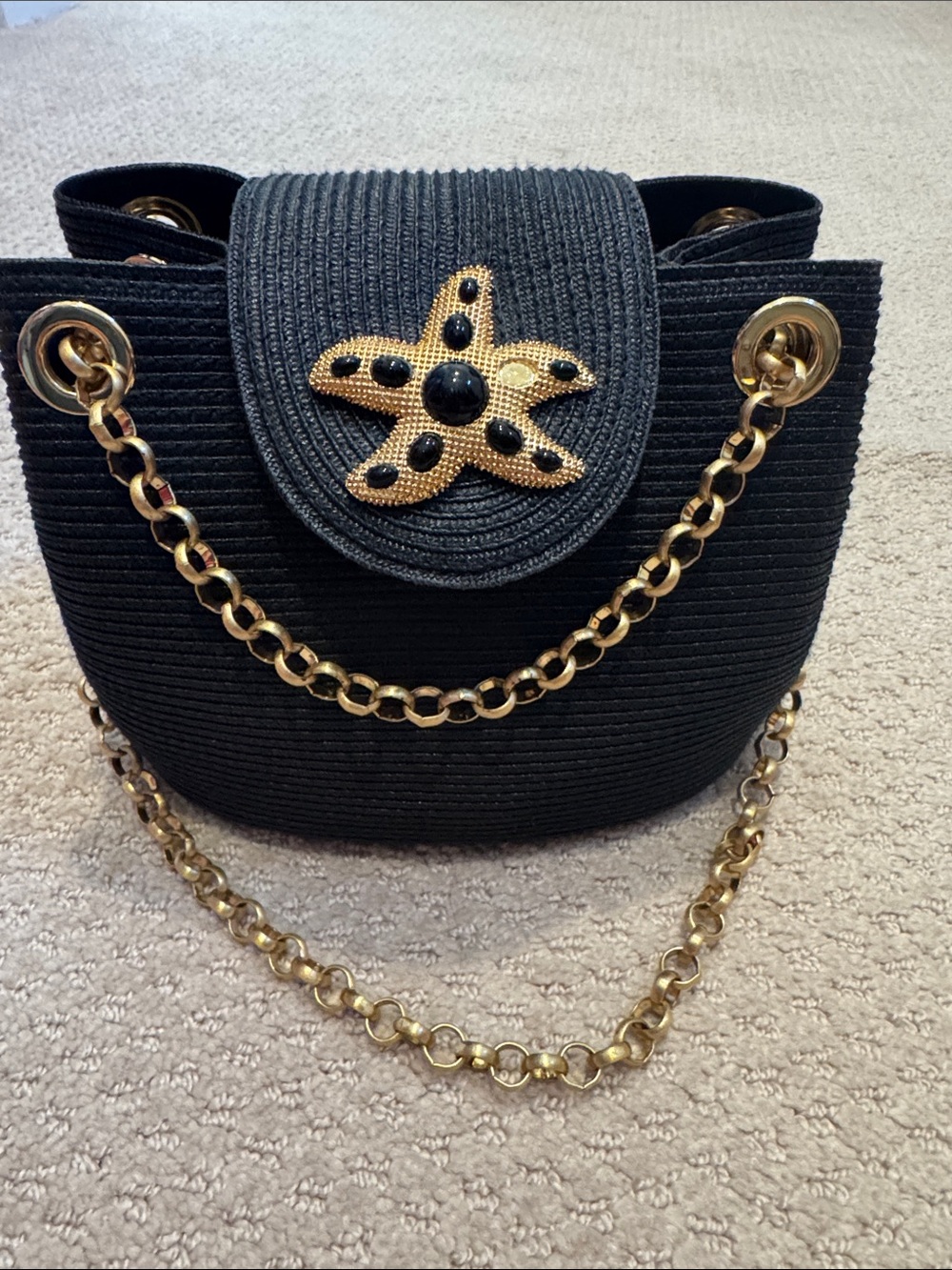 New FLAWED Eric Javits Black Raffia Bag with Gold Starfish Accent